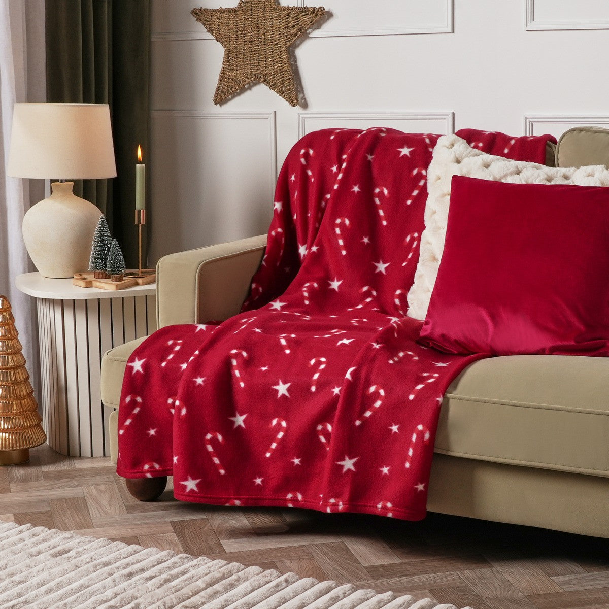Candy Cane Print Fleece Throw - Red