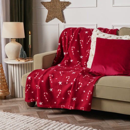 Candy Cane Print Fleece Throw - Red