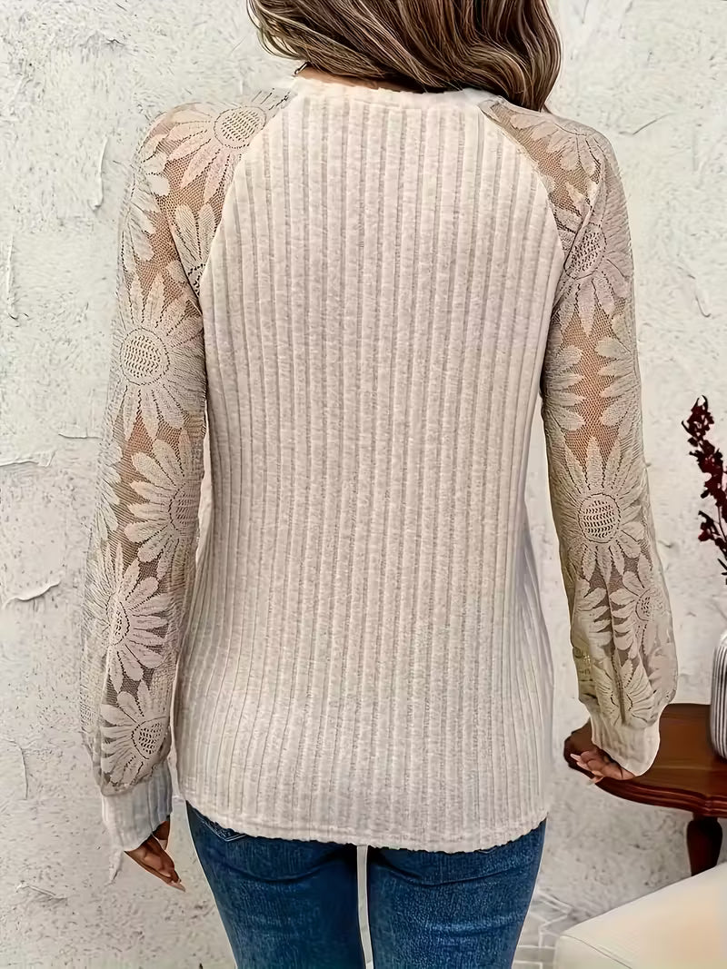 Plus Size Women'S Elegant Long Sleeve Tunic Top with Mesh Overlay