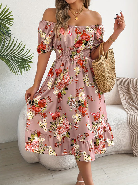 Floral Print Short Sleeve Square Neck Waist-Cinching Ruffle Hem Dress