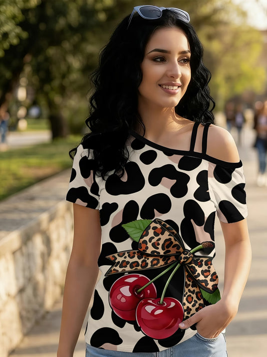 Leopard Women's One-Shoulder Short-Sleeve cherry T-Shirt