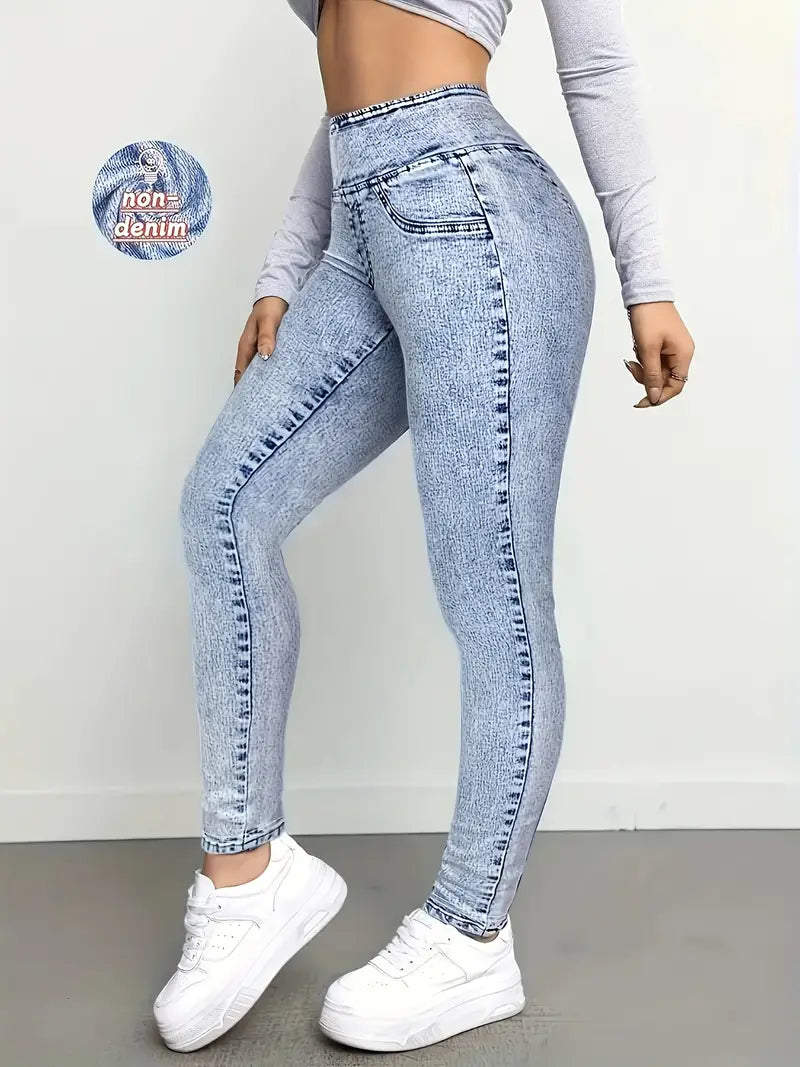 Women's High-Waisted Washed Jeans-Like Leggings