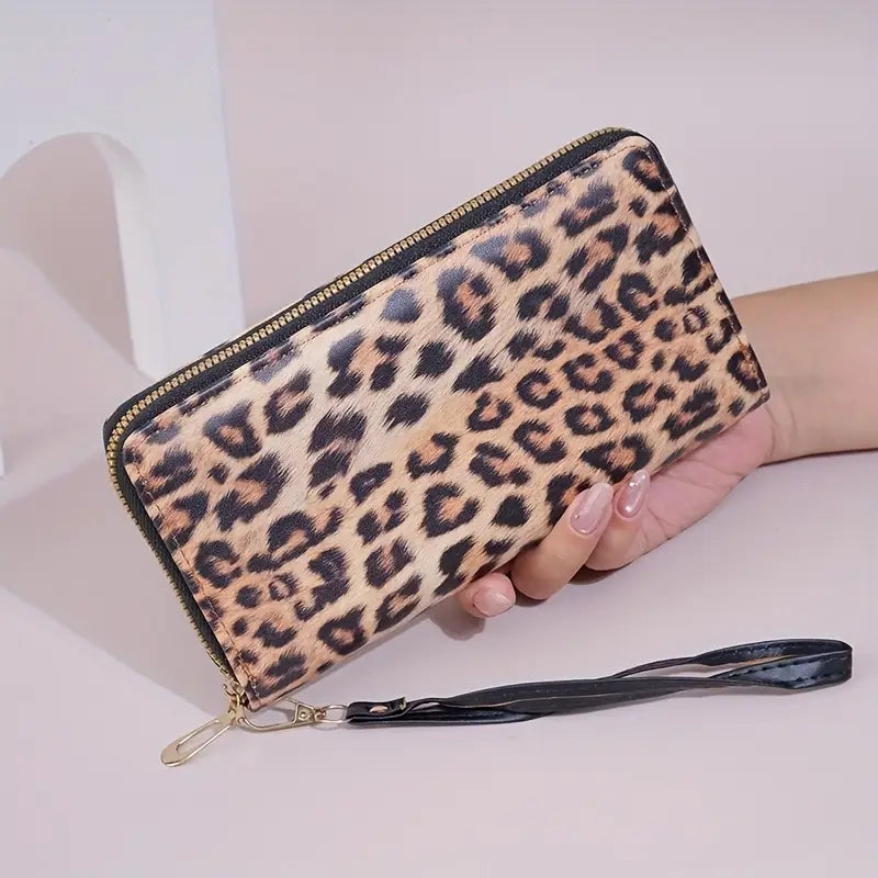 Large Wallet - Leopard Print Long purse with Zipper Closure
