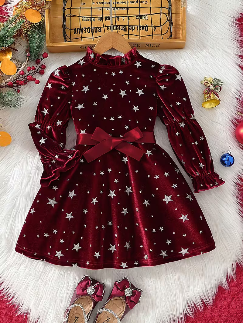 Velvet Star Print Ruffle Round Neck Long Sleeve Waist Dress with Belt,