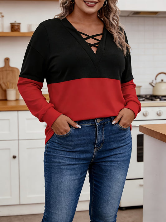 Plus-Size Color Block Long Sleeve V Neck Sweatshirt