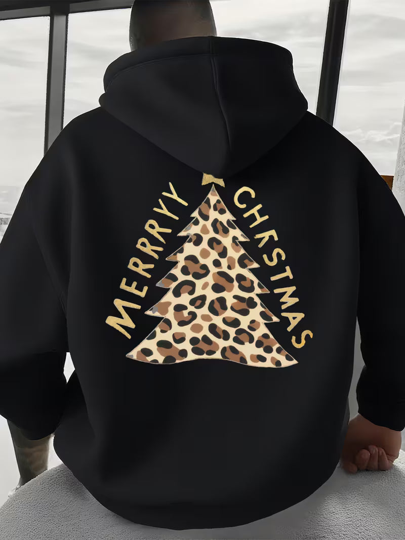 Trendy Black Leopard Print Christmas Tree Design Hoodie