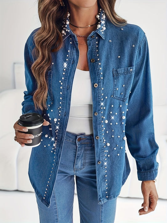 Pearl & Rhinestone Embellished Loose Denim Shirt