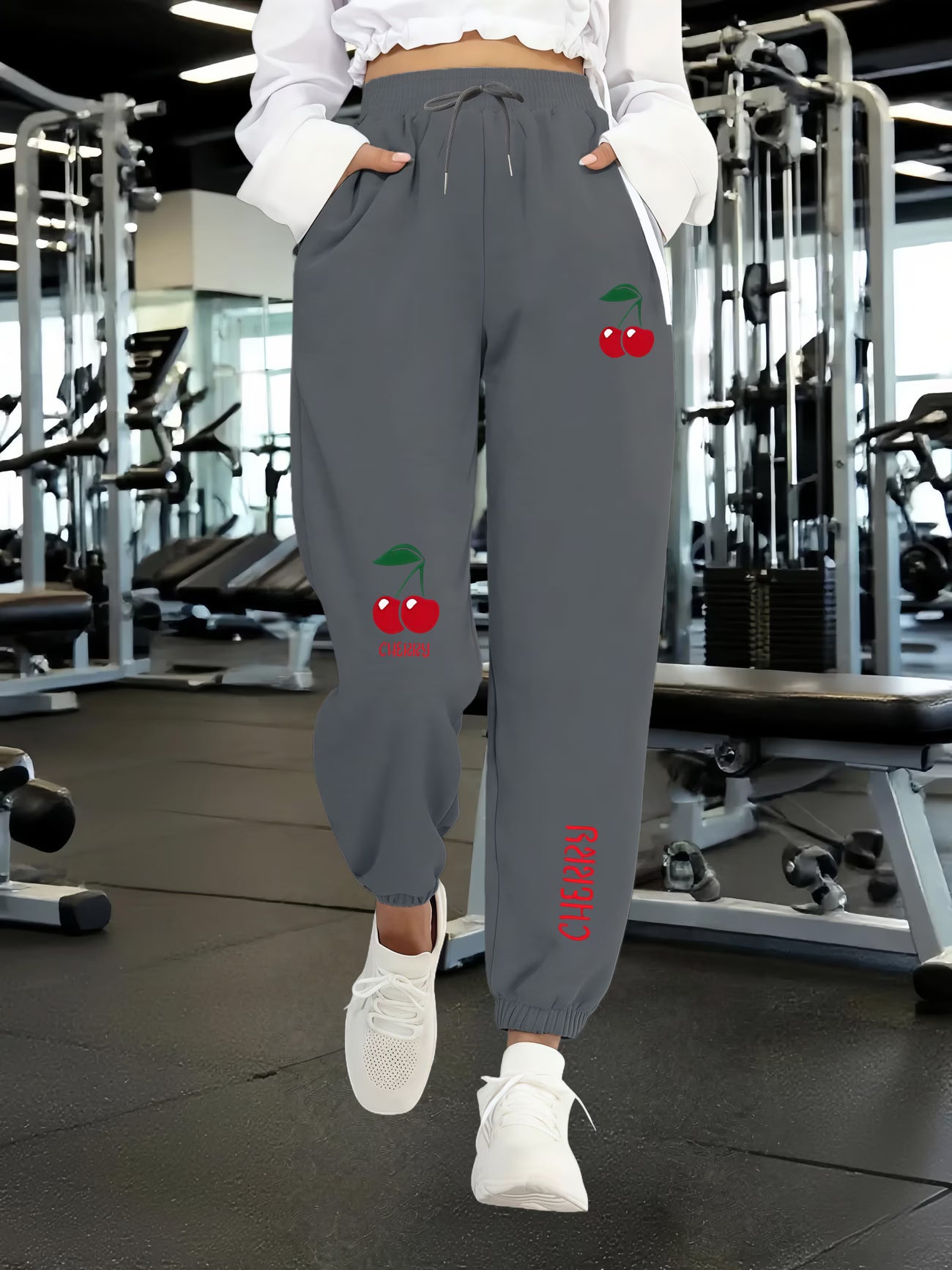 Women's Sports Pants with Fresh Cherry and Letter Print Design