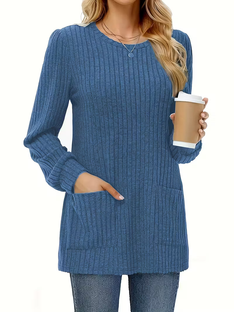 Plus Size, Women'S Plus Size Ribbed Round Neck Top with Pockets