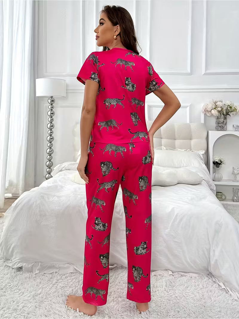 Women's Pajamas Cartoon Animal Tiger Short Sleeve Long Pants Home Clothes Set