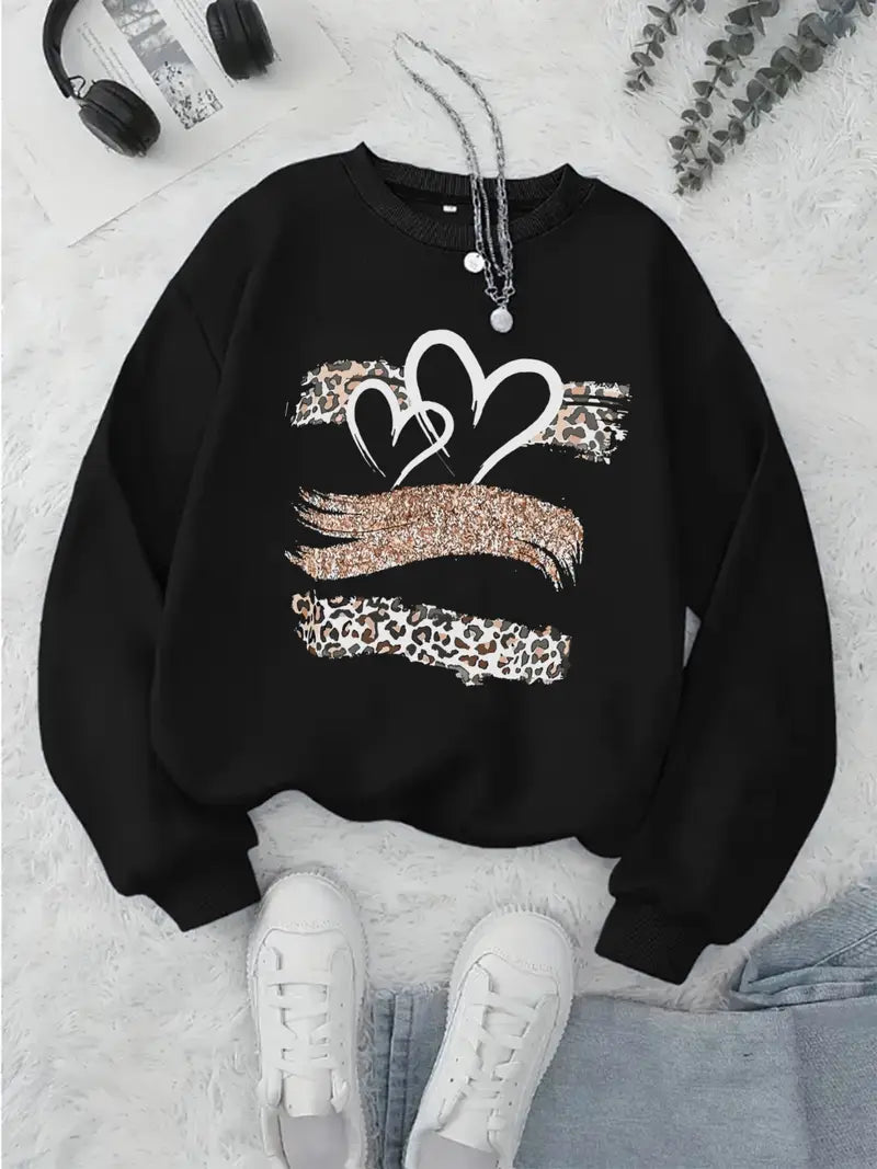 Trendy Oversized sweater  with Heart & Leopard Print -