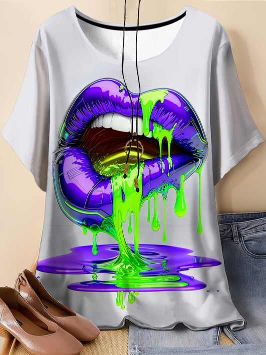 Plus-Size Women'S T-Shirt Features a Vibrant Purple Lip Design Dripping
