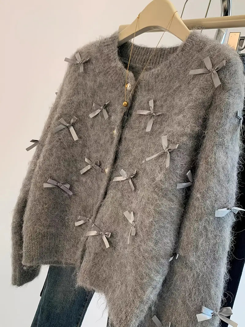 Cozy Gray Cardigan with Bow Details