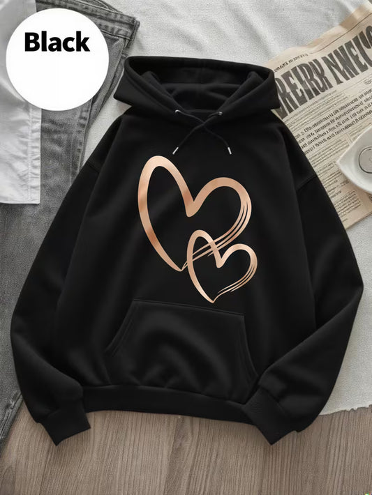 Women's Fleece Pullover Hoodie with Golden Double Heart Print
