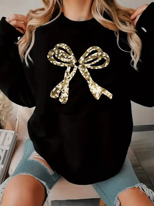 Women'S Black Sparkling Golden Sequin Bow Sweatshirt