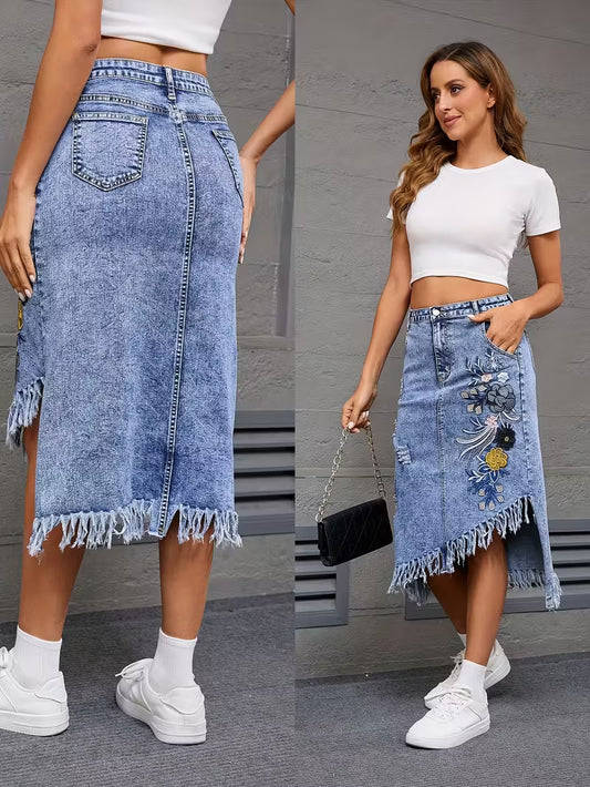 Women's Fringe Midi Denim Skirt