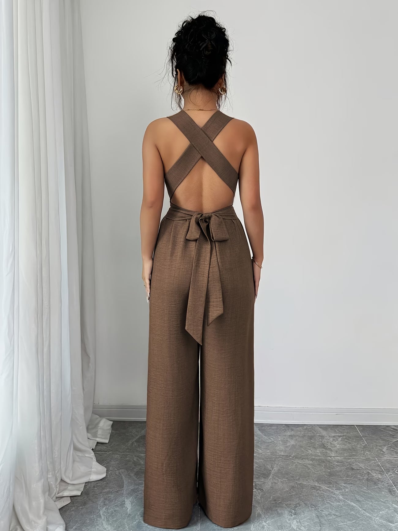Women'S V-Neck Belted Wide-Leg Jumpsuit,