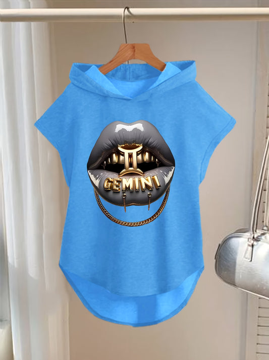 Sleeveless Hoodie Featuring a Cartoon Lip Biting a Key Design