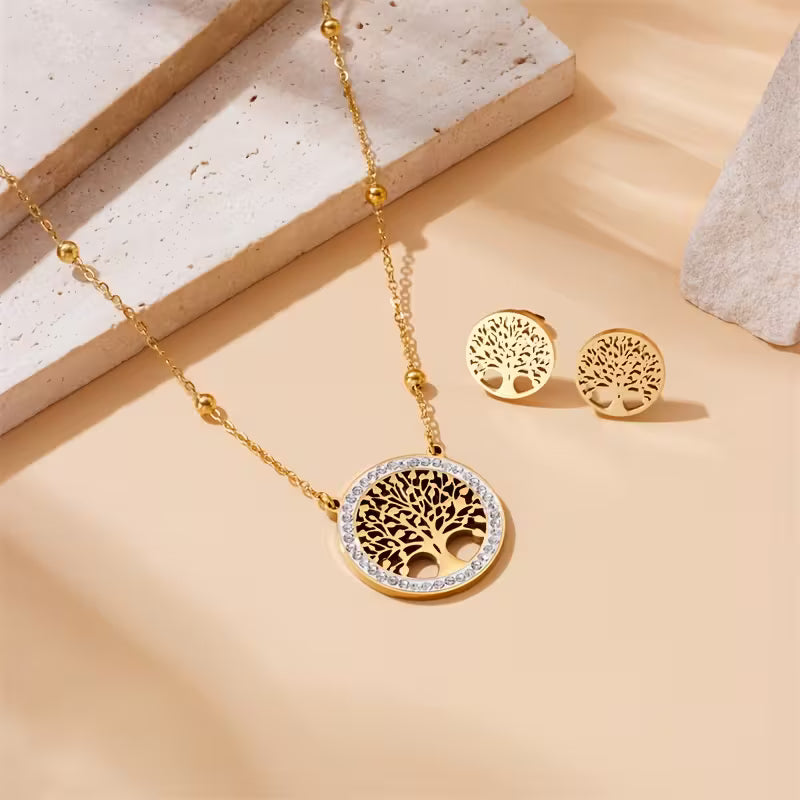 Elegant 304 Stainless Steel Life Tree Necklace and Earrings Set