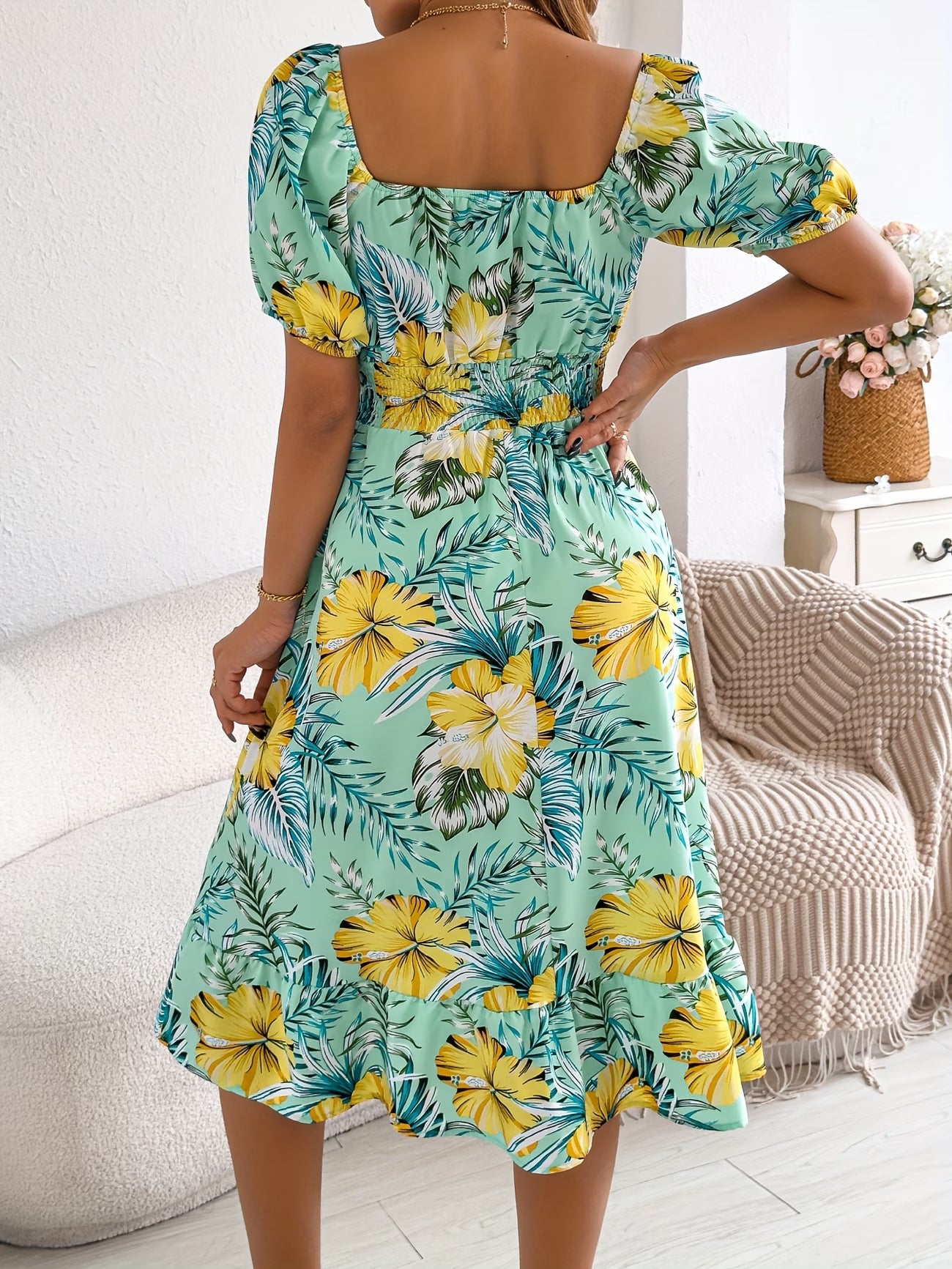 Floral Short-Sleeve Square-Neck Waist-Tied Dress