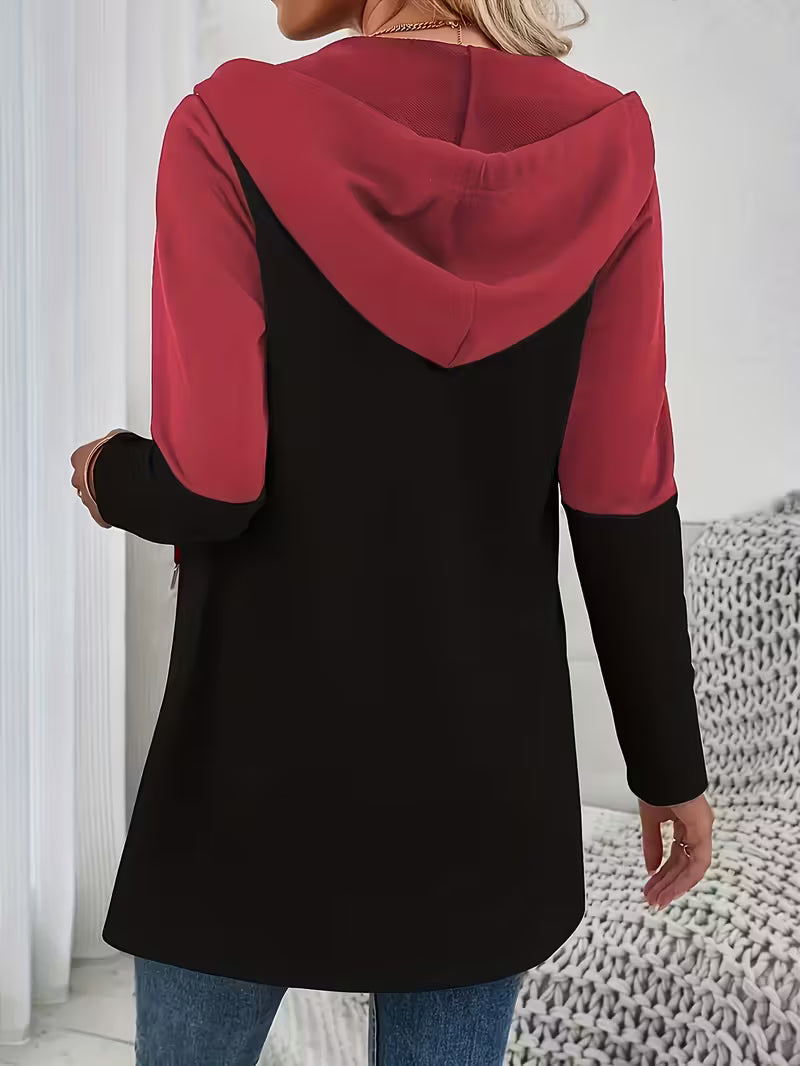 Women's Burgundy & Black Color Block Hooded Jacket