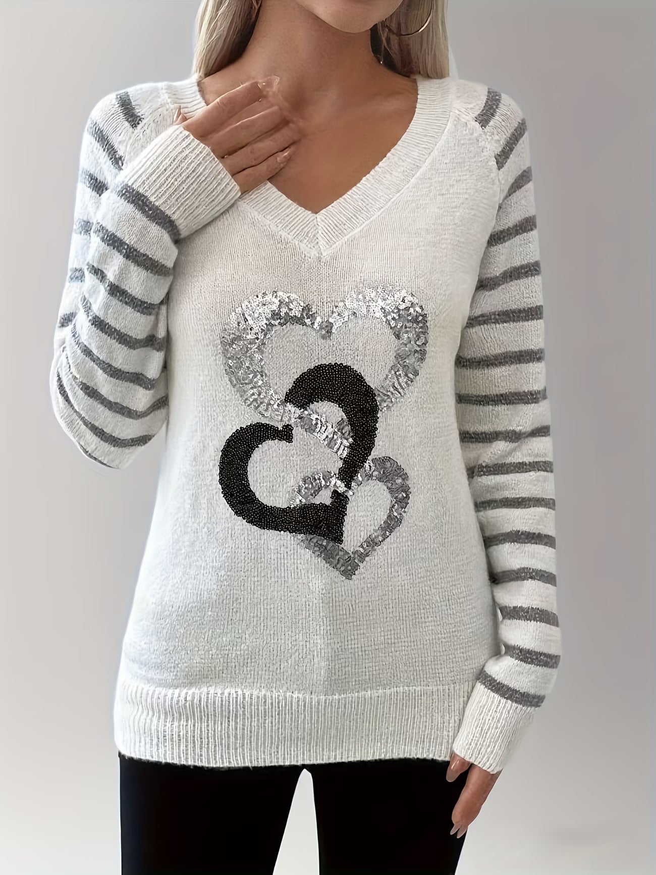 Striped Raglan Long Sleeve V-Neck Sequin Pullover