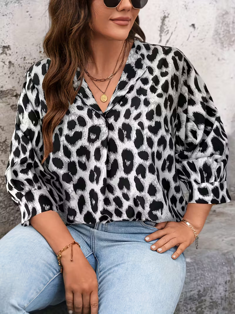 Women'S Casual Leopard Print V-Neck Blouse