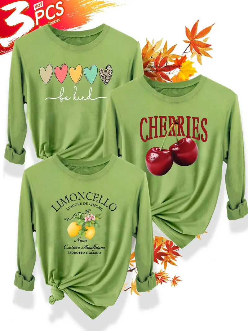 3pcs Women'S Cherry & Limoncello Graphic T-Shirts