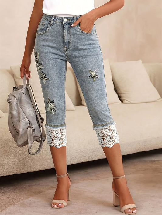 Women's High-Waisted Embroidered Lace Trim Denim Capri Pants | Frayed Hem