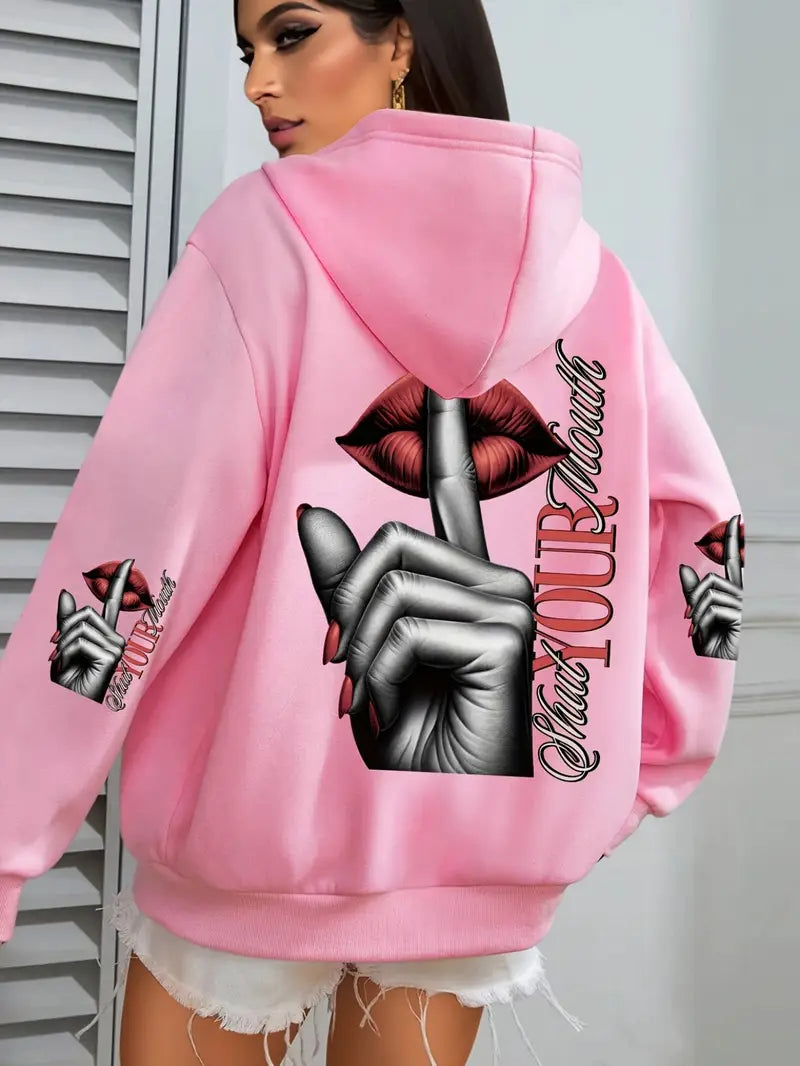 Women'S Casual Elegant Hoodie with Stylish Lip Print