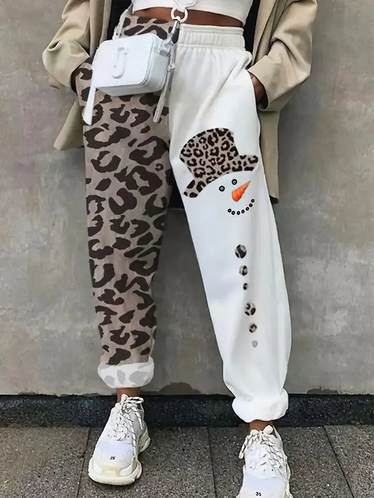 Leopard & Snowman Print Jogger Pants,