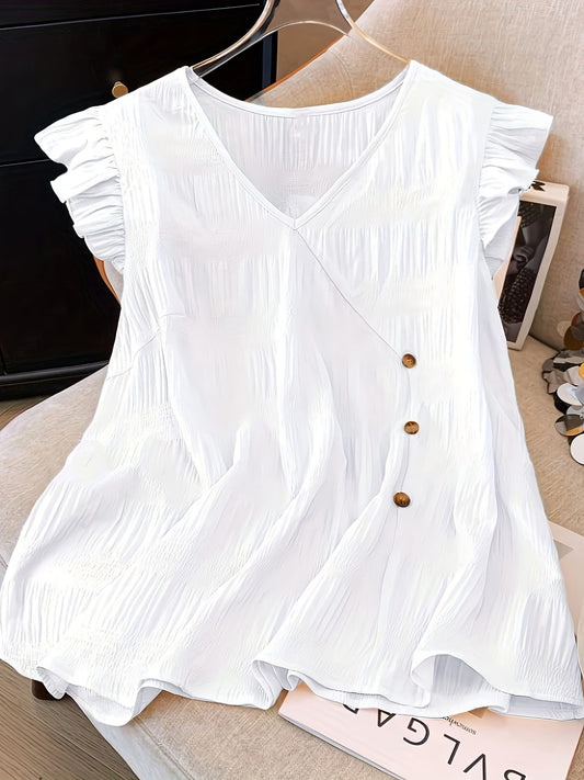 Women's Plus Size Frill Sleeve Button-Detail T-Shirt