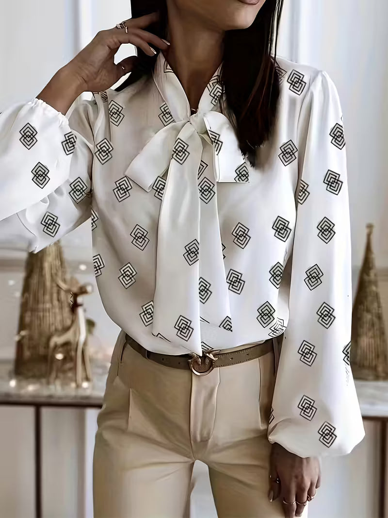 Plus Size Women'S Elegant Geometric Print Long Sleeve Blouse