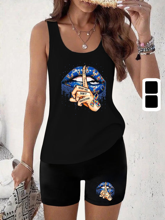 sexy lips printed, advanced comfort vest, two-piece suit.