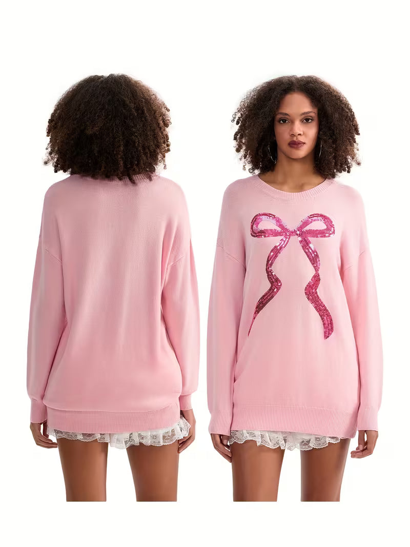 Women's Pastel pink bow print Sweater