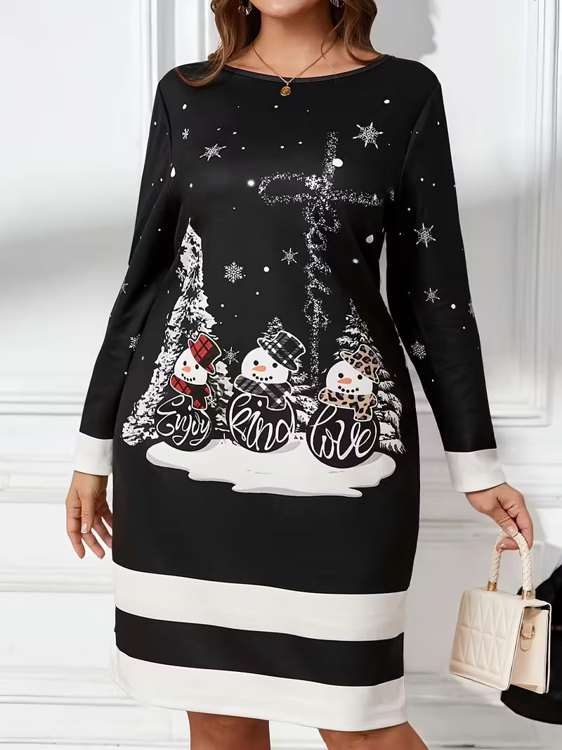 Women's Plus Size Elegant Christmas Snowman & Snowflake Print Dress