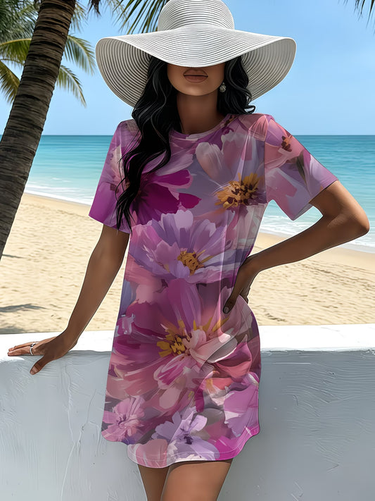 Purple Floral Round Neck Short Sleeve Dress