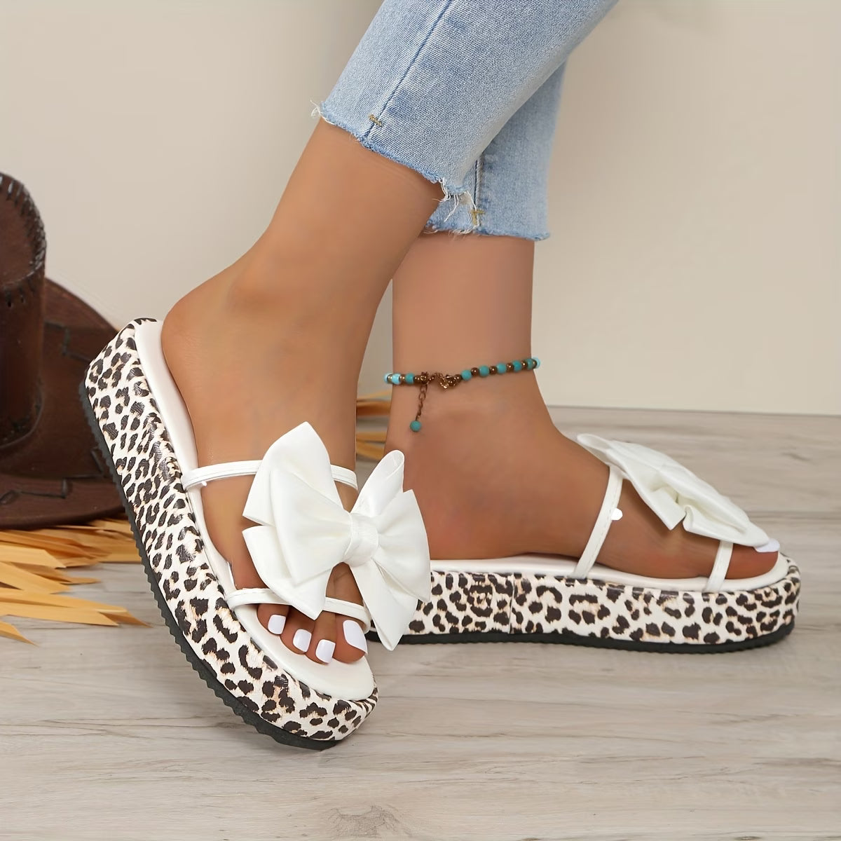 Thick Sole, Casual, Versatile, Comfortable, Bowknot Leopard Print sandals
