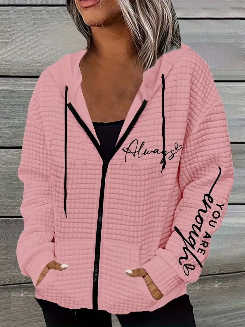 Letter Print Zipper Dual Pockets Hoodie,