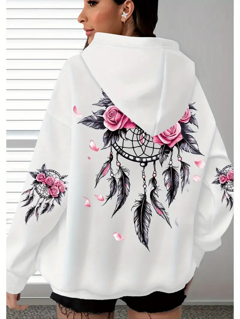 Women's Oversized Hoodie with Floral Turtle Graphic Print
