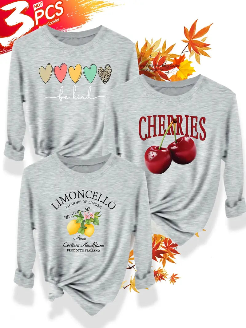 3pcs Women'S Cherry & Limoncello Graphic T-Shirts