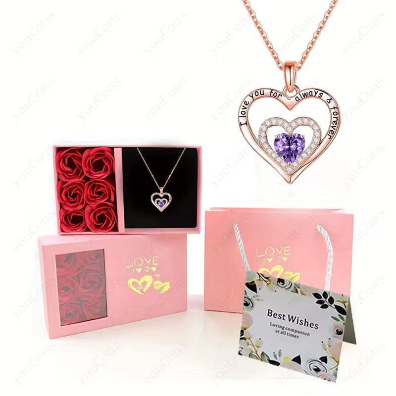 Elegant Six-Rose Pink Gift Box with Double Heart Pendant Necklace,