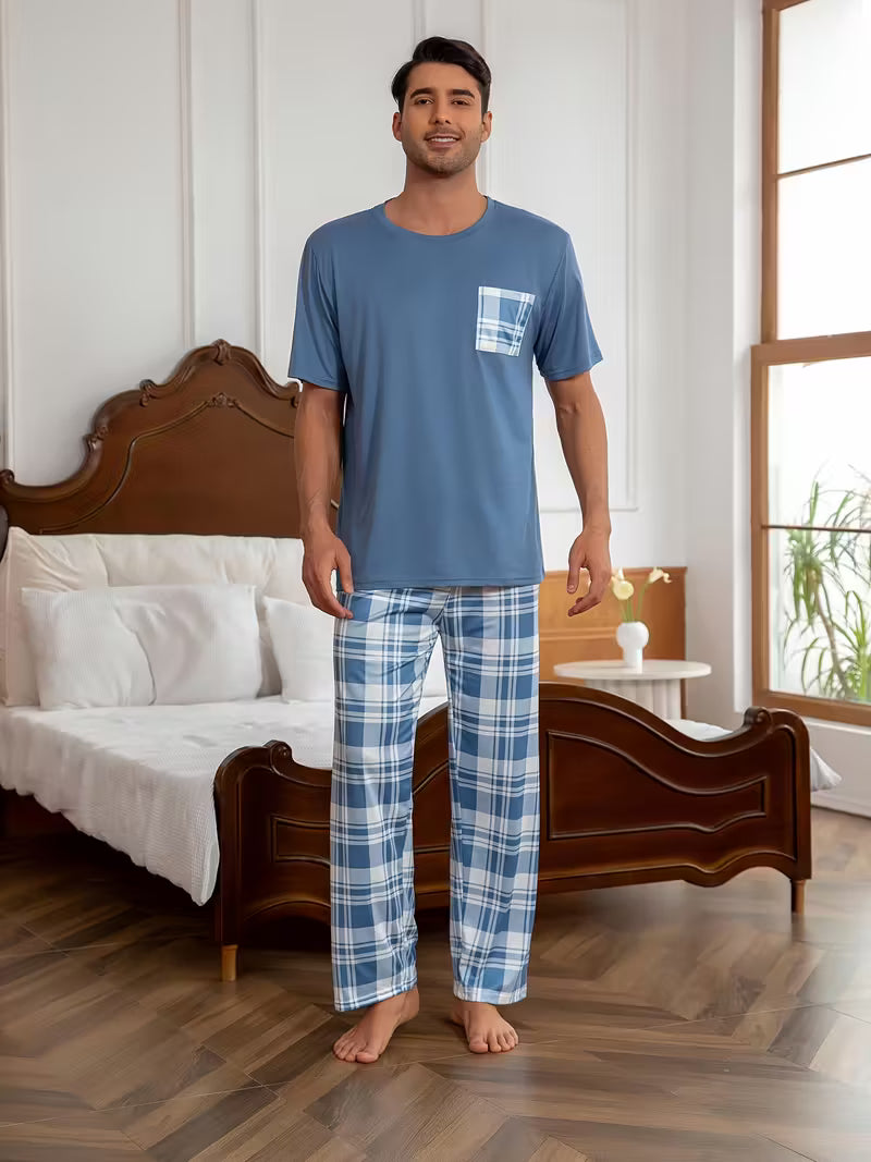 Men'S Solid Blue Short-Sleeve Pajama Set