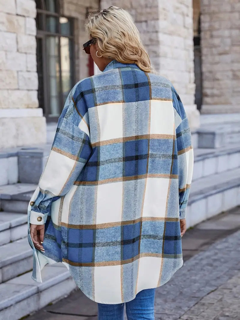 Women'S Casual Plaid Lapel Long Sleeve Jacket