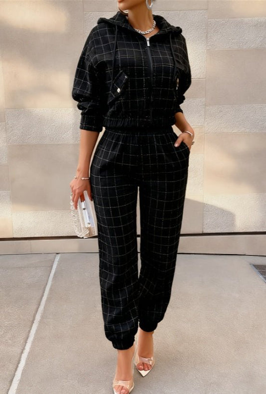 Plaid Hooded Zip-up Sweatshirt Set