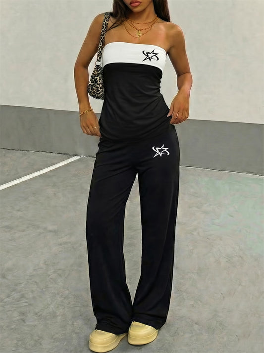 Star Print Two-Piece — Strapless Top & Wide-Leg Pants