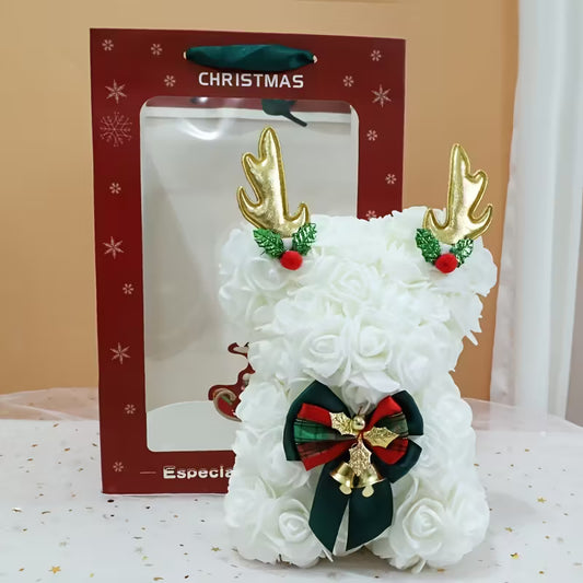 Christmas Teddy Bear Rose Flower Collectible  with Reindeer Antlers,