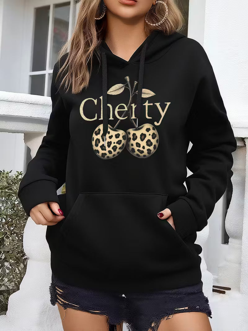 Women's  Leopard Cherry Print Hooded Sweater
