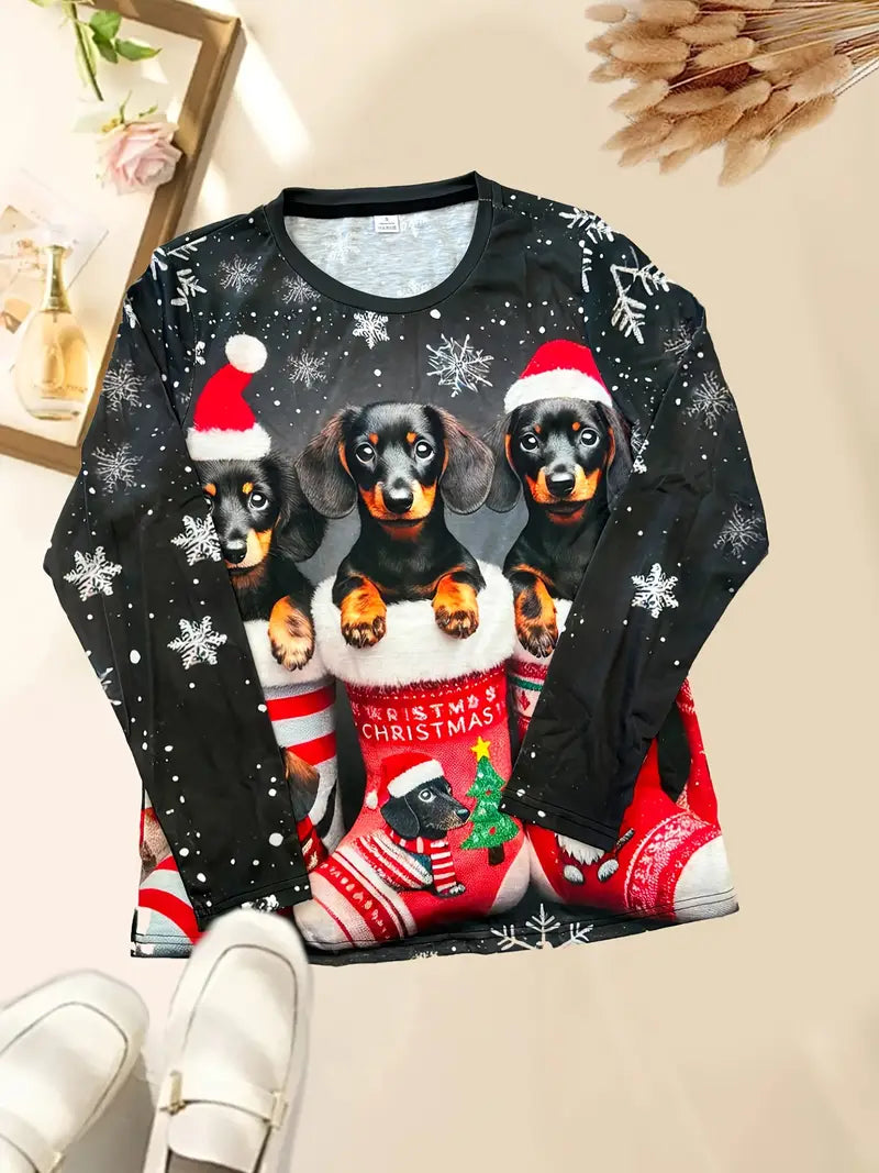 100% Polyester Festive Dachshund Print Long Sleeve T-Shirt