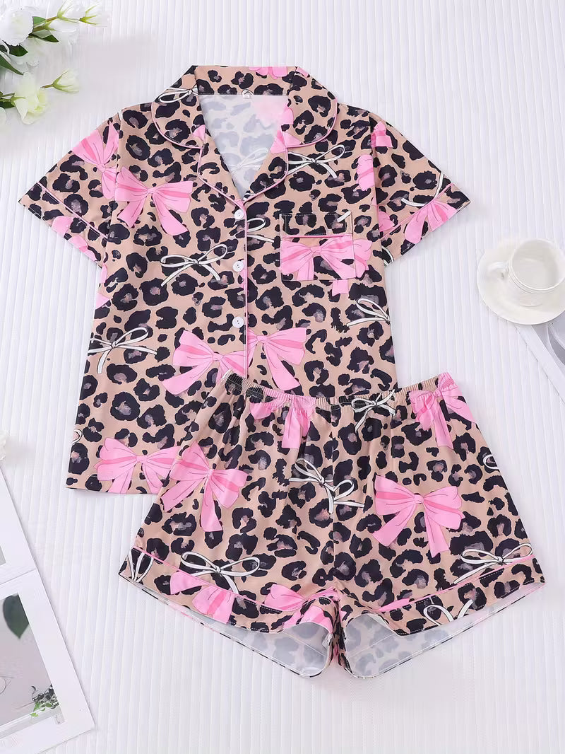 Leopard Print & Pink Bowknot Women'S Pajama Set